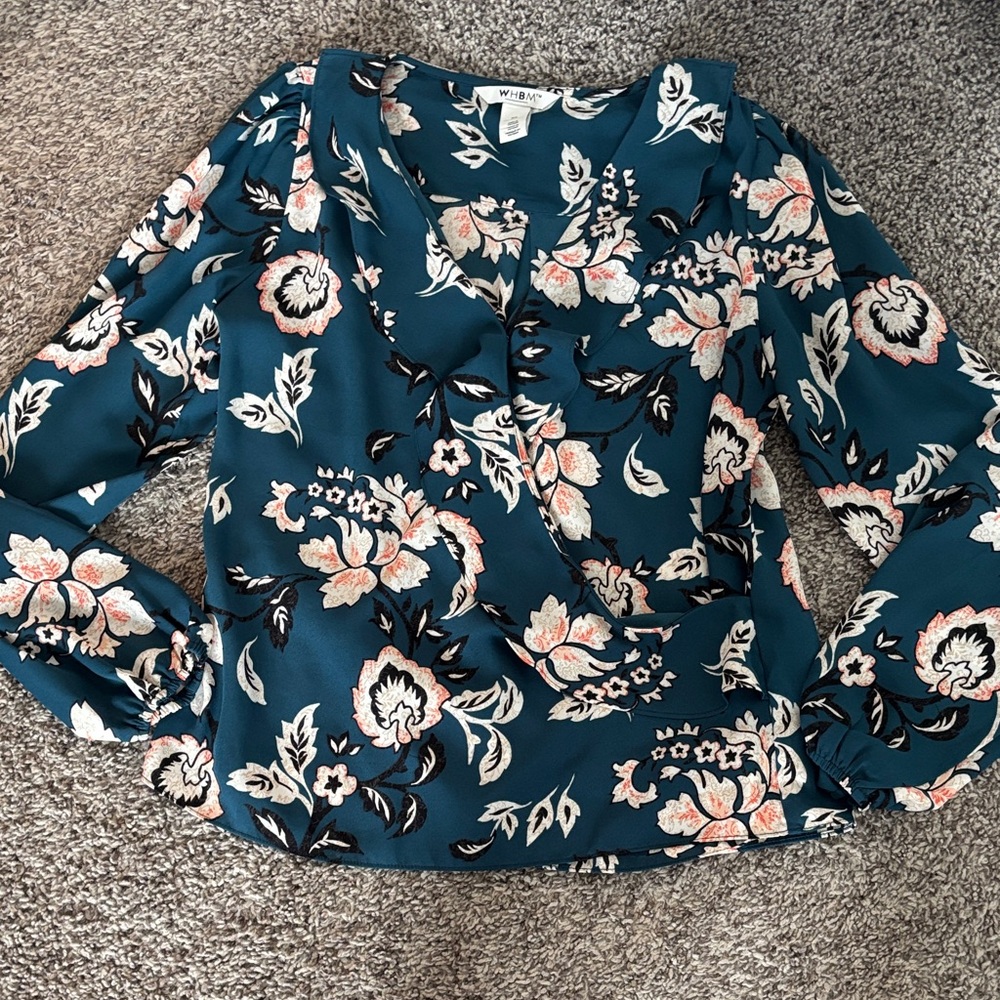 White House Black Market Teal Floral Wrap Blouse